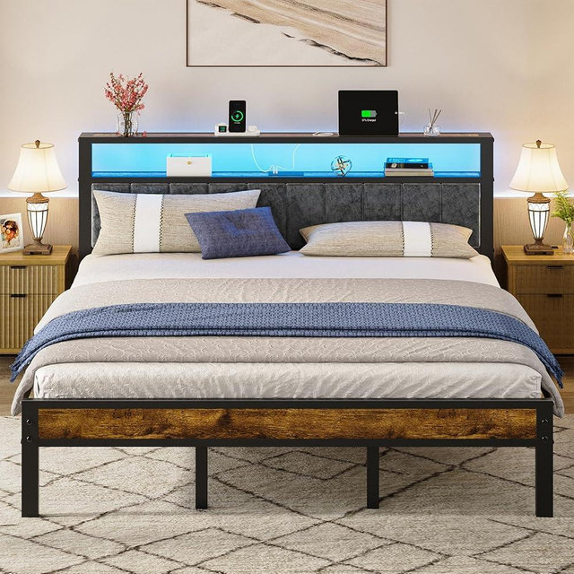 Liians King Size Platform Bed Frame with LED Lights, Grey Upholstered Headboard with 2-Tier Storage Shelves, Charging Station, Noise Free, No Box Spring Needed, Easy Assemably