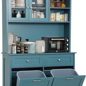 68.4" Kitchen Pantry Storage Cabinet, Freestanding Cupboard with Shelf, 2 Drawers and 1 Tilt Out Trash Cabinet, Tall Cabinets for Kitchen, Dinning Room, Living Room (Double-Tilt Out, Lake Blue)