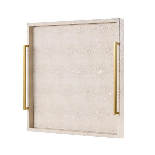 24"x24" Oversized Square Ottoman Tray for Living Room, Extra Large Ivory Shagreen Leather Decorative Tray for Coffee Table,Wooden Serving Trays for Dinner Party (Ivory -Gold Handle, 24")