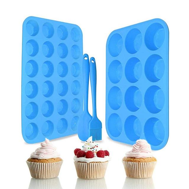 Silicone Muffin Pan Set – Regular 12 Cups and Mini 24 Cups Muffin Cupcake Baking Pan,Muffin Tin for Muffins, Cupcakes,Food Grade Silicone Muffin Molds with 1 Silicone Spatula & 1 Oil Brush (blue)