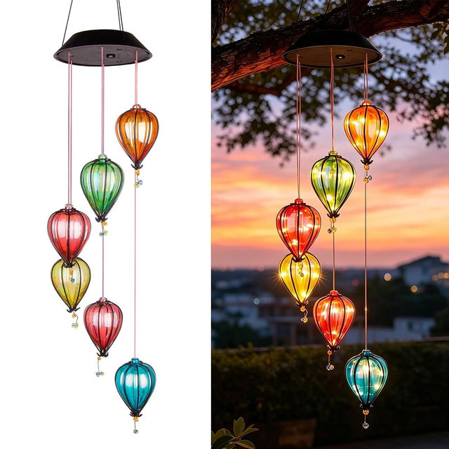 Solar Wind Chimes for Outside, Hot Air Balloon Solar Lights Outdoor Colorful Hanging Decor with 30 Warm White LEDs, Auto On/Off Light Sensing Waterproof Garden Gifts for Mom Grandma Women