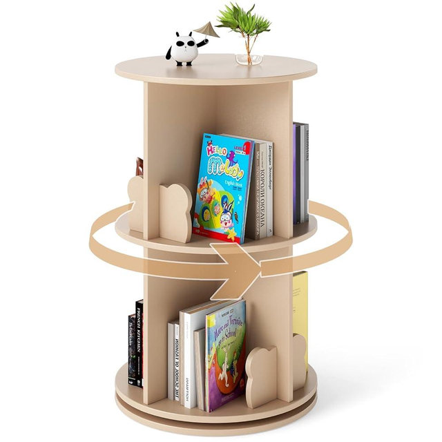 Costzon Kids Rotating Bookshelf, 2 Tier Small Book Shelf with Bookends, 360° Display Spinning Bookshelf Tower, Corner Bookshelf for Small Space, Kids Room, Bedroom, Nursery (Coffee)