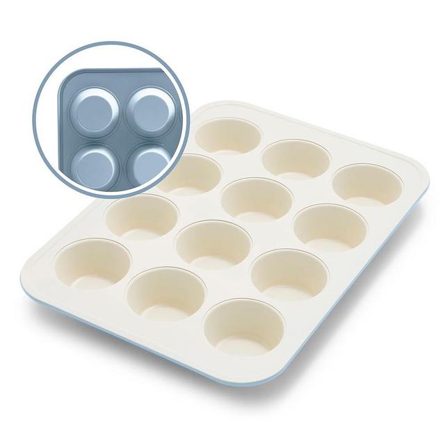 GreenLife 12-Cup Muffin Pan, Healthy Ceramic Nonstick Bakeware, PFOA & PFAS-Free Cupcake Tray, Durable Baking Pan, Versatile Kitchen Essential, Easy Clean Muffin Mold, Nonstick Baking Sheet, Blue Haze