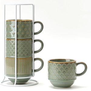 JIEMEI HOME Large Ceramic Coffee Mug Set of 4 with Stand, 15 Oz Stackable Embossment Ribbed Latte Cup Set for Cappuccino, Latte, Tea, Hot Cocoa, Drinks - Dishwasher & Microwave Safe, Vintage Turquoise