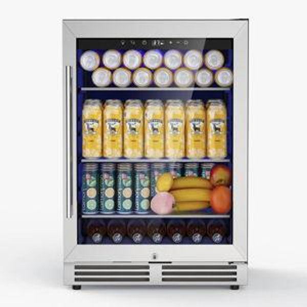 24" Beverage Refrigerator, 200-Can Capacity, Built-In/Freestanding, Glass Shelves, Dual Handle Options, Reversible Door & Safety Lock - Silver