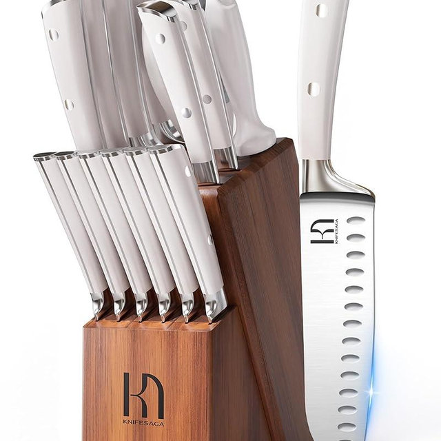 KnifeSaga Kitchen Knife Set Premium, Japanese High Carbon Stainless Steel 15 Pcs Enduring Ultra Sharp Knife Block Set with Sharpener and Wood Block, Professional White Chef Knives set for Kitchen