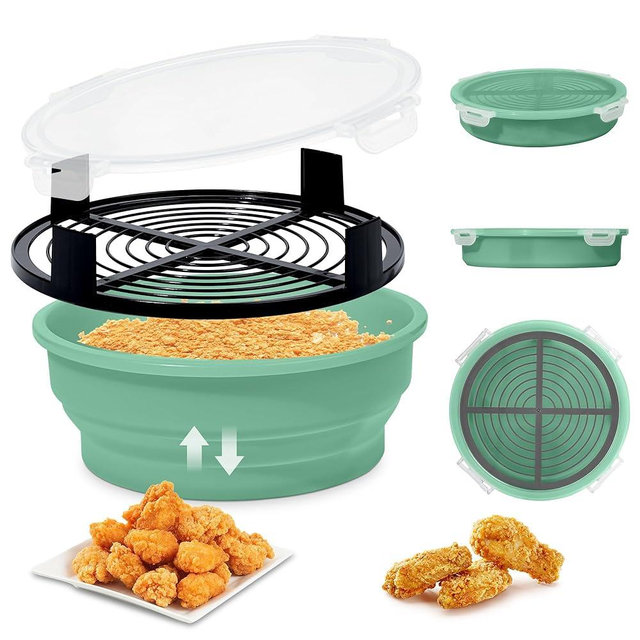 FJNATINH Collapsible Batter Bowl - Mess Free Better Breader Shaker Bowl with Lid Breading Shaker Container - Great for Fried Fish, Fried Chicken, Onion Rings, Wings,No Leak,Easy to Store,Mint Green
