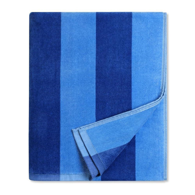 cabanana Large Beach Towel Oversized - Cotton Velour 35 x 70 Inch Blue Striped Terry Pool Towel, Cabana Soft Swimming Towel for Adults Women Men (Blue)