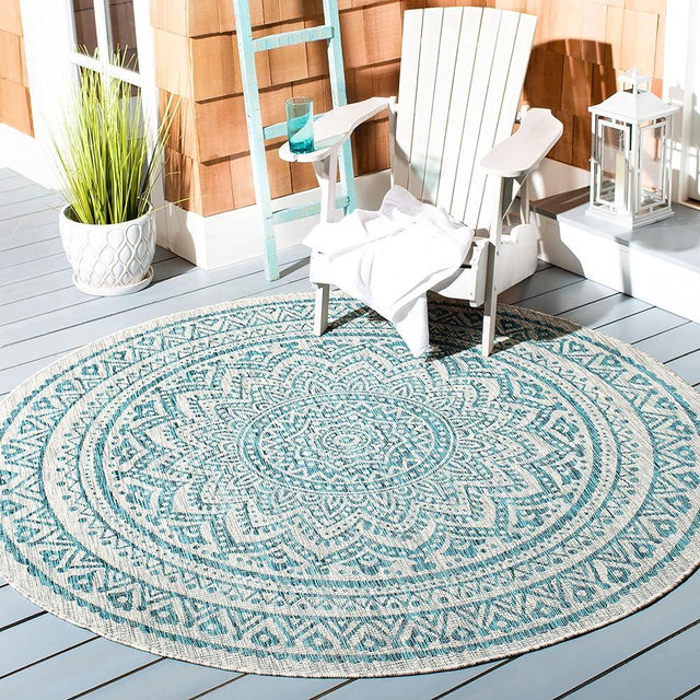 SAFAVIEH Courtyard Collection 3' Round Light Grey/Teal CY8734 Indoor/Outdoor Non-Shedding Easy Cleaning Patio Backyard Porch Deck Mudroom Area Rug
