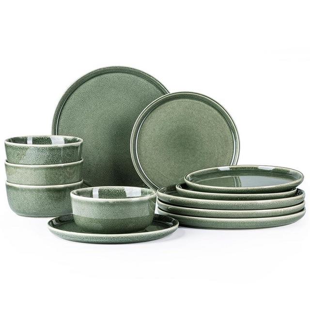 AmorArc Stoneware Dinnerware Sets for 4,Round Reactive Glaze Ceramic Plates and Bowls Set,Highly Chip and Crack Resistant | Dishwasher & Microwave Safe Dishes Set,Service for 4 (12pc)