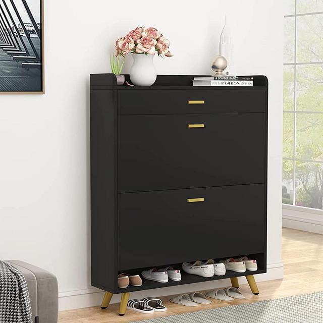 PAKASEPT Narrow Shoe Storage Cabinet,18-24 Pair Free Standing Tipping Bucket Shoe Rack Organizer with Drawers for Entryway,Bedroom,Hallway,Black