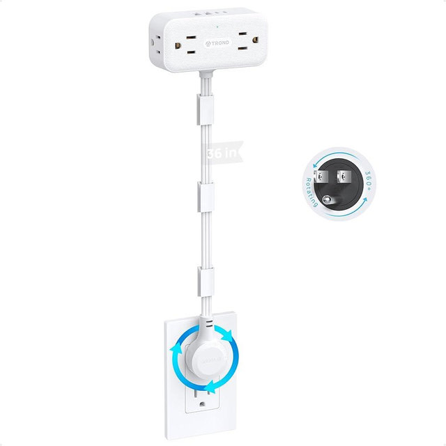 TROND 360° Rotating Plug Outlet Extender 36 in - Flexible Extension Cord, Multi Plug Wall Outlet Splitter Surge Protector, 4 AC 4 USB, Mountable for Hard Reach Socket in Bedroom Home Office, White