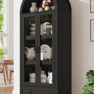 75"H Arched Kitchen Pantry Storage Cabinet With Drawer And Glass Doors, Farmhouse Kitchens Storage Cabinet With Load-Bearing Steel Pipe, Tall Arched Bookcase, Pantry Organizer For Living Room - Black