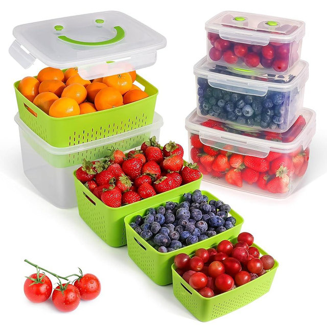 Built-Way Fruit Storage Smiley Containers for Fridge - Keep Fresh with BPA-Free Lids - Ideal Vegetable & Berry Organizer - 4 Pack Dishwasher Safe Produce Saver - Stackable Containers with Drain Tray
