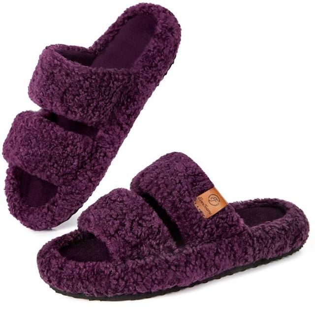 EverFoams Womens Fuzzy Slippers Open Toe Memory Foam Indoor Outdoor House Shoes