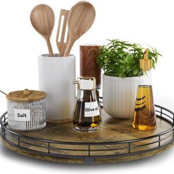 Lazy Susan Turntable Organizer for Table Top, 13’’ Round Wooden Lazy Susan for Cabinet Kitchen Countertop Pantry Dining Coffee Table for Condiments Spices, Rustic Bathroom Vanity Tray for Soap Candle