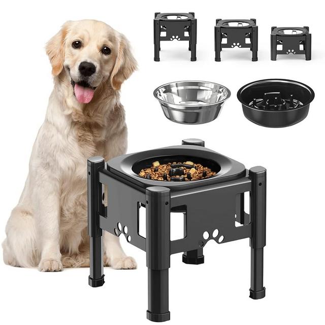 Lewondr Elevated Dog Bowl Slow Feeder, Stainless Dog Water Bowl, 3 Heights Adjustable Non-Slip Raised Dog Bowl Stand, Detachable & Dishwasher Safe, Black, 1L Water Bowl+1.1L Slow Feeder Bowl