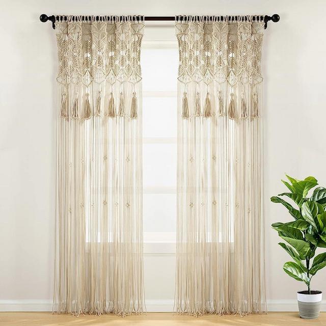 Lush Decor Boho Macrame Tassel Cotton Window Curtain/Room Divider/Wedding Backdrop/Wall Decor, 84" L x 50" W, Neutral