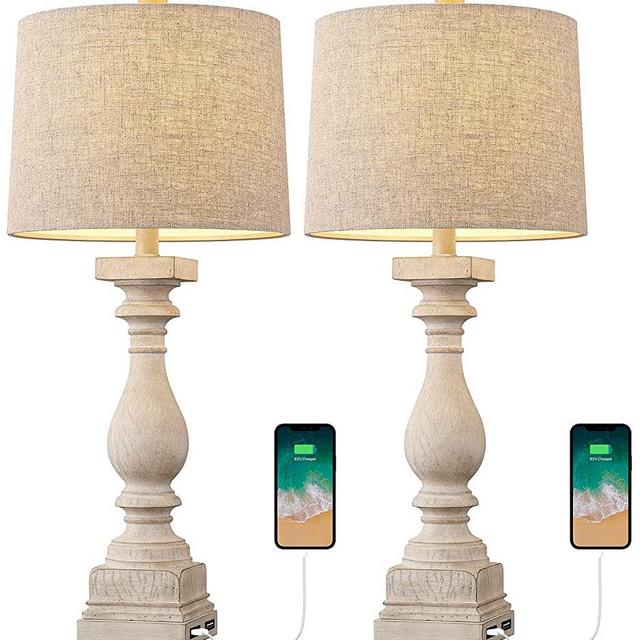 BOBOMOMO 27.75'' USB Table Lamp with 2 Charging Ports Set of 2 Antique Nightstand Lamp for Bedroom Living Room Farmhouse Office Retro Rustic Resin Classic Bedside Desk Lamps Washed White