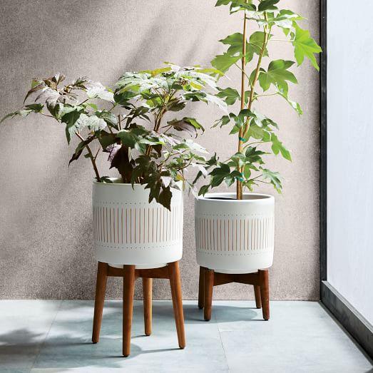 Mid-Century Turned Wood Leg Planters - Patterned