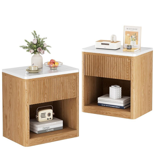 Yusong Night Stand Set of 2, Wood Fluted Nightstand, 22" Large Bedside Table End Table with Faux Marble Top, Modern Night Stands with Drawer Storage for Bedroom Living Room, Natural Oak(2)