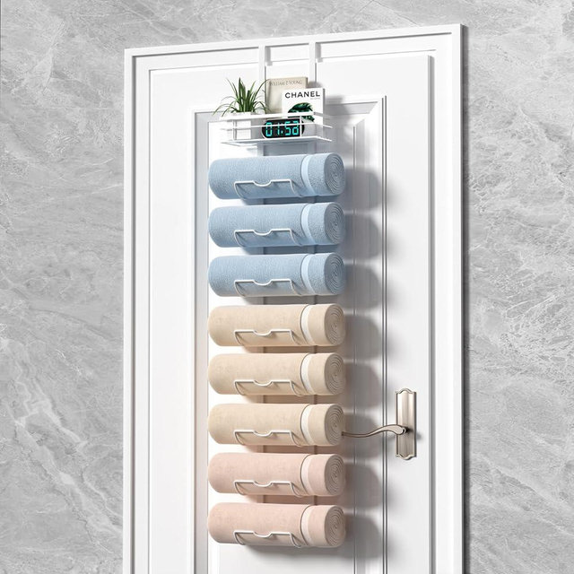Xstydes 9-Tier Over The Door Towel Rack,Towel Racks for Bathroom, Metal Towel Holder with Storage Basket,Towel Rack for Rolled Towels,Bathroom Shelves,White