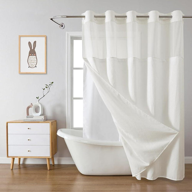 eachope Cream No Hook Waffle Weave Shower Curtain with snap-in Liner Replacement, 230GSM Waterproof Fabric Hotel Shower Curtain Set for Bathroom, Through Mesh Top Window,71Wx74H