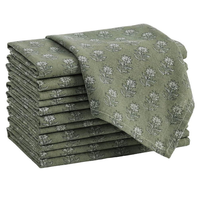 Mindsoft Set of 12 Floral Cloth Napkins Linen Cloth Napkins Spring Flower Wildflowers Dinner Napkin 18 x 18 Inch Vintage Washable Reusable for Dinner Home Restaurant Wedding Decor(Green,12 Pcs)