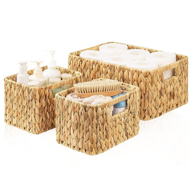 ELONG HOME Wicker Storage Basket, 3 Pack Hand-Knitted Wicker Baskets, Water Hyacinth Storage Baskets with Built-in Handles