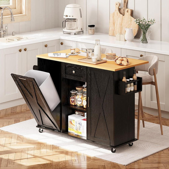 48" Rolling Kitchen Island with Drop Leaf & Trash Can Storage, Kitchen Island Cart with Spice Rack & Towel Rack, Mobile Island Table