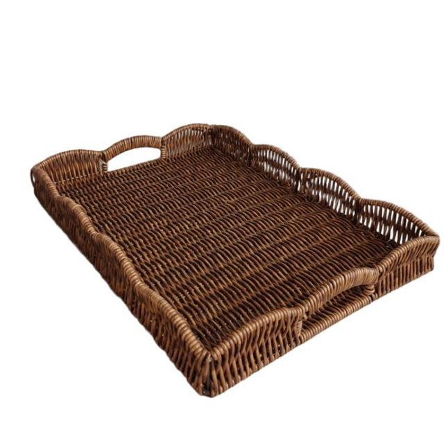 Scalloped Edge Imitation Rattan Tray Basket,17"*13" Super Hard Rectangle Hand Woven Wicker Serving Tray with Handles, Seagrass Decoratve Tray for Coffee Table (Brown)