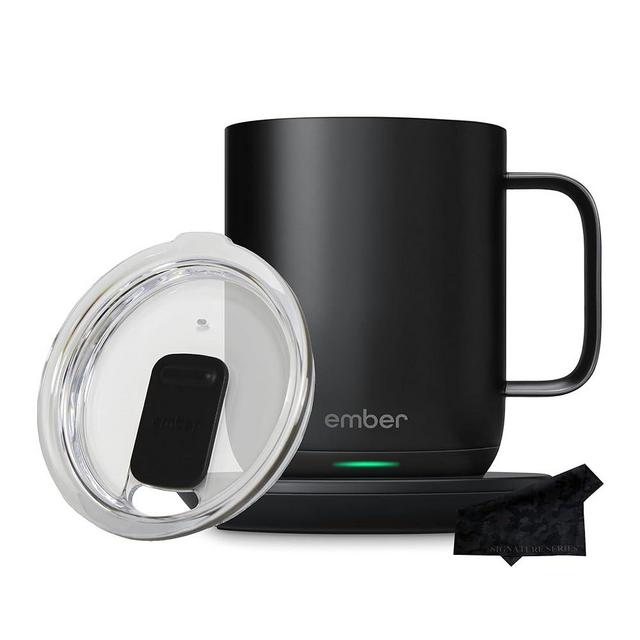 Ember Temperature Control Smart Mug 2, 10 oz Black | App Controlled Heated Coffee Cup | Double your battery life when you pair Ember Mug with an Ember Sliding Lid | Signature Series Cloth