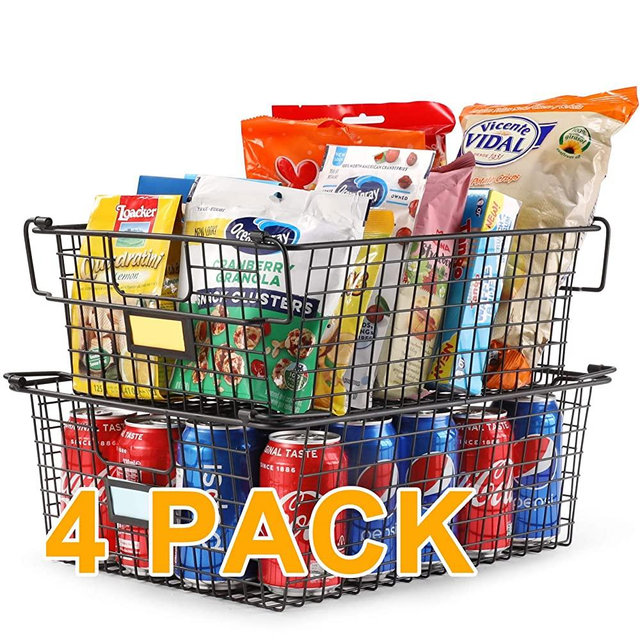 4 Pack XXXL Large Stackable Wire Baskets For Pantry Storage and Organization - Metal Storage Bins for Food, Fruit - Kitchen Bathroom Closet Cabinets Countertops Organizer