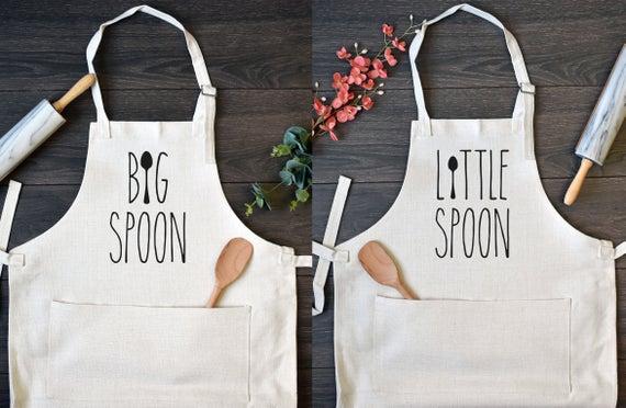 His and Hers Linen Kitchen Aprons, Funny Cooking Apron with Pocket Set of Two