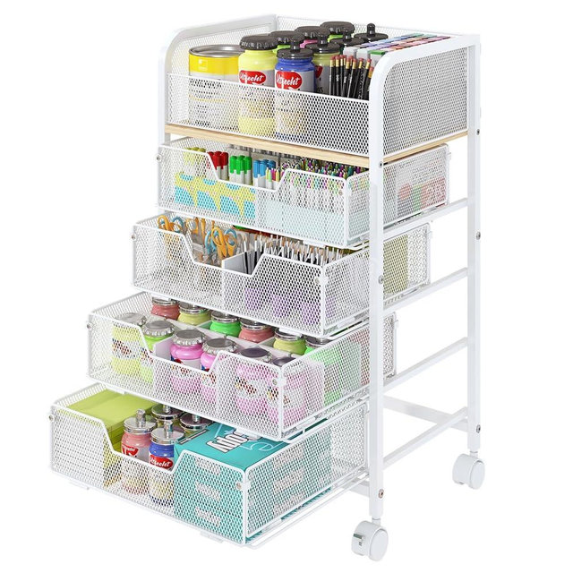 5-Tier Craft Organizer Cart with Wheels,Craft Organizers and Storage with Drawers,Lockable Wheels Rolling Utility Cart with DIY Divider,Office Supply Organizer,Ideal for Studio,Office,Bedroom,White