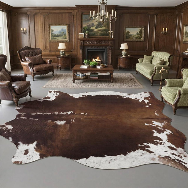 DweIke Large Faux Cowhide Print Rug for Living Room, 5.2x6.2 ft Dark Brown Western Animal Cow Hide Rugs, Non Slip Cool Cow Skin Carpet for Bedroom Dining Room Farmhouse Entrance Home Decor