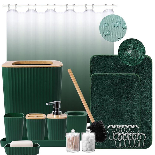 Dark Green Bathroom Accessories Sets Complete with Ombre Shower Curtain and Bathroom Rugs,Bathroom Sets with Trash Can,Toothbrush Holder and Cup,Soap Dispenser,Tray,Soap Dish,Toilet Brush,Qtip Holder