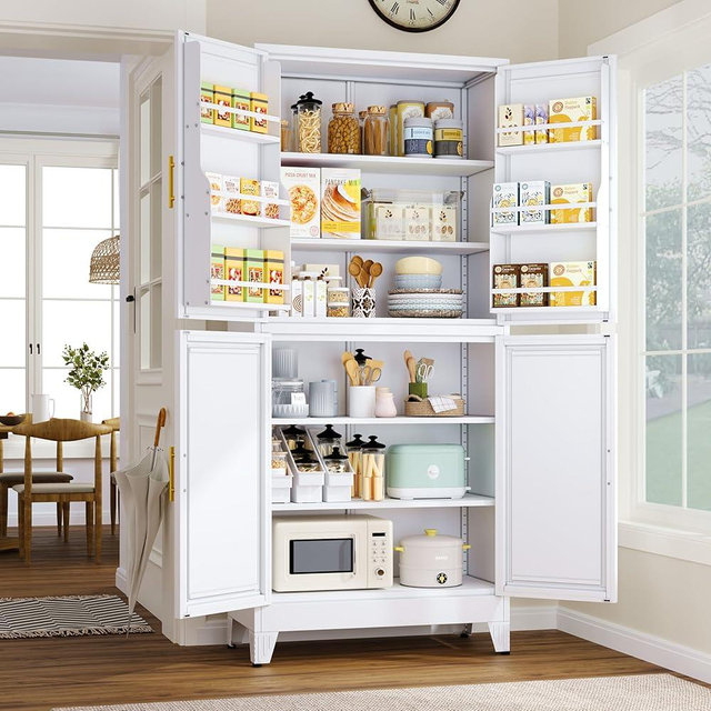 GAIOUS 74.8" Tall Metal Food Cabinet, White Kitchen Pantry Cabinet, Storage Cabinets with 4 Door and 4 Adjustable Shelves, Steel Freestanding Cupboard for Kitchen Dining Room Living Room Bathroom