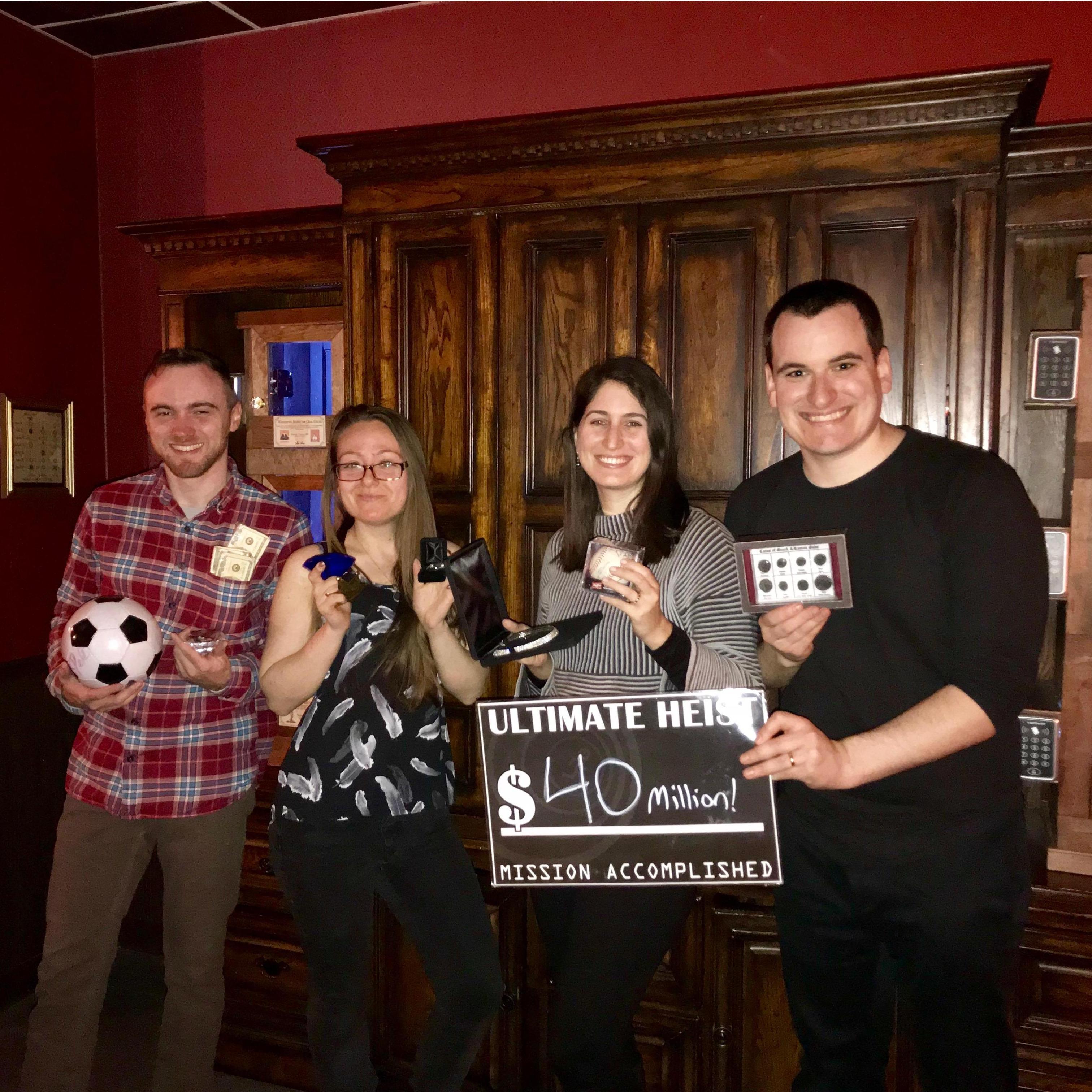 A "we successfully escaped the room" photo.
(Jason, Sarah Brady, Dana, & Dave)