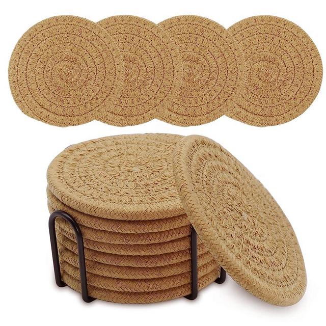 Coomin Coasters with Holder, 8pcs Absorbent Coasters for Drinks, Cotton Woven Farmhouse Coasters for Coffee Table, Suitable for Home Decor, and Kinds of Cups