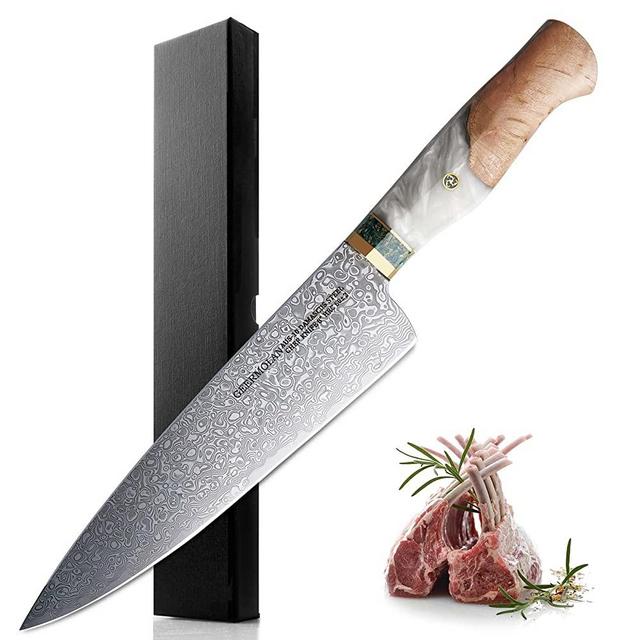 Geermolan Damascus Chef Knife 8” - Japanese AUS-10 Steel - 67 Layers - Resin & Stabilized Wood Handle…