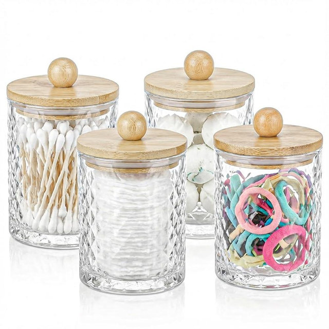 WQSOAFU Bathroom Qtip Holder Set - 4PCS Cotton Swab Container - Cotton Rounds Holder, Bathroom Organizer Containers for Dental Floss Picks, Candy, Jewelry
