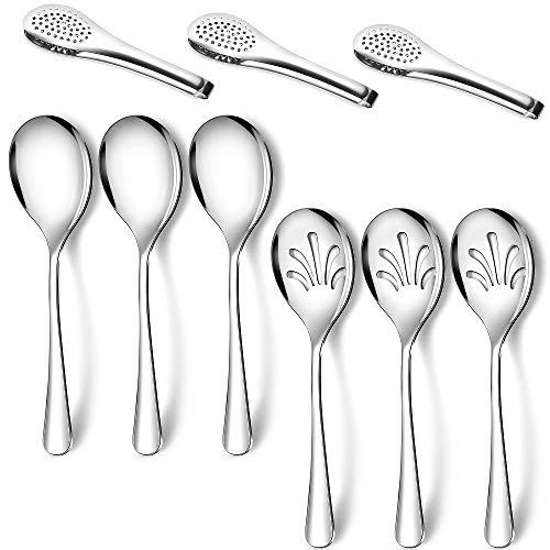 Stainless Steel Metal Serving Utensils - Large Set of 9-10" Spoons, 10" Slotted Spoons, and 9" Tongs by Teivio