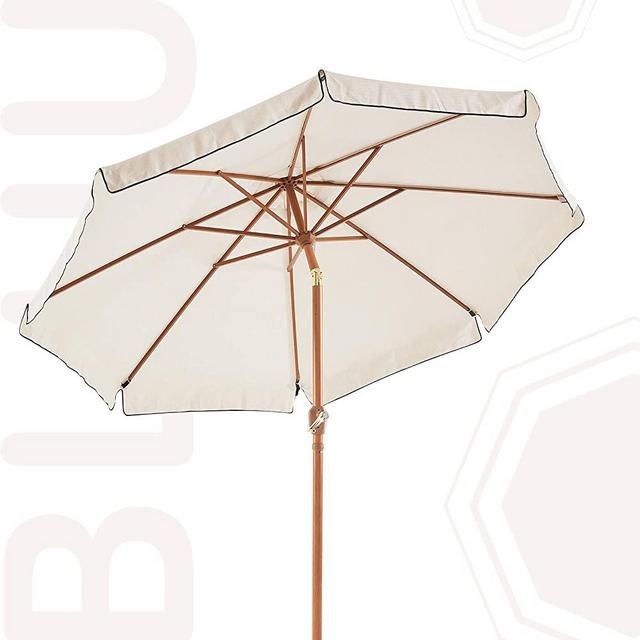 BLUU 9 FT Fringed Market Umbrella Aluminum Outdoor Patio Table Umbrellas with Tilt Aluminum Faux Wood Frame, Premium 3-Year Nonfading Olefin Canopy with Fringe