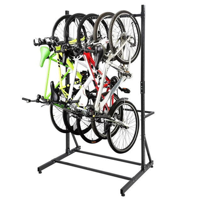 Bike Rack, Freestanding Vertical Storage for 5 Bicycles - 300 Lbs Capacity Adjustable Height Indoor Rack, Black