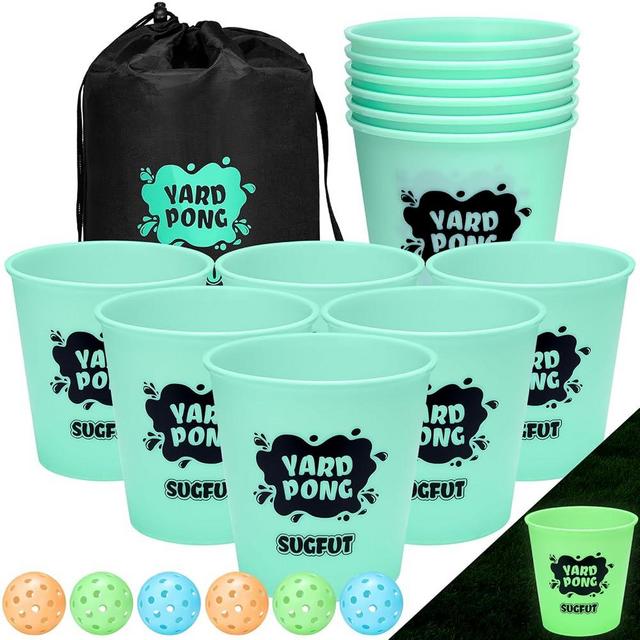 SUGFUT Yard Pong Outdoor Games Glow in Dark with 12 Buckets and 6 Balls, Backyard Toss Games Glow Yard Games,Outdoor Games for Adults, Family and Kids, Beach Toss Games Glow Party Games