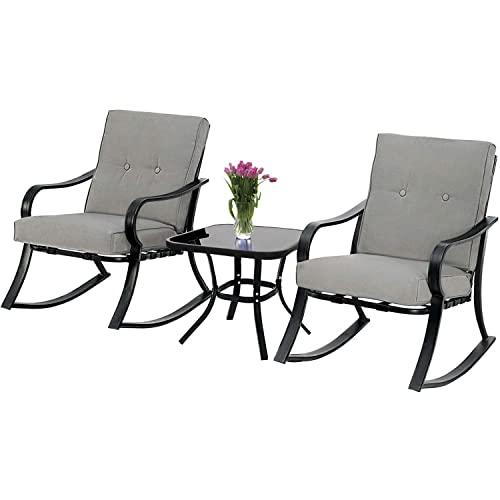 SUNCROWN Outdoor 3-Piece Rocking Chairs Bistro Set, Black Steel Patio Furniture with Grey Thickened Cushion and Glass-Top Coffee Table