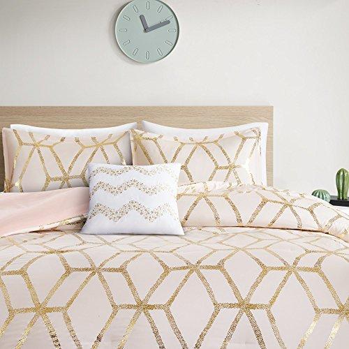 Comfort Spaces Vivian 4 Piece Comforter Set Ultra Soft All Season Lightweight Microfiber Geometric Metallic Print Hypoallergenic Bedding, Full/Queen, Blush/Gold
