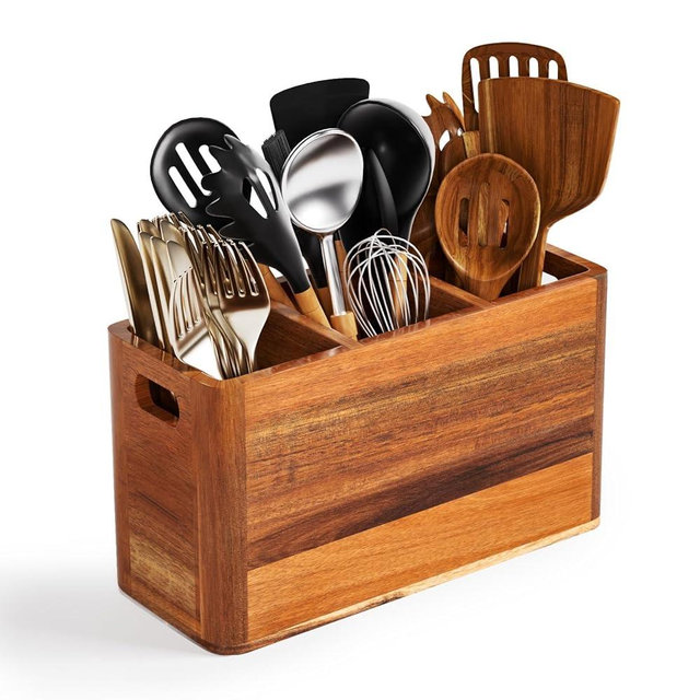 Extra Large Wooden Kitchen Utensil Holder Organizer - 3 Compartment Utensil Holder for Kitchen Counter or Wall, Farmhouse Wooden Spoon Organizer for Storage Spoons, Spatulas, Acacia Rustic Container