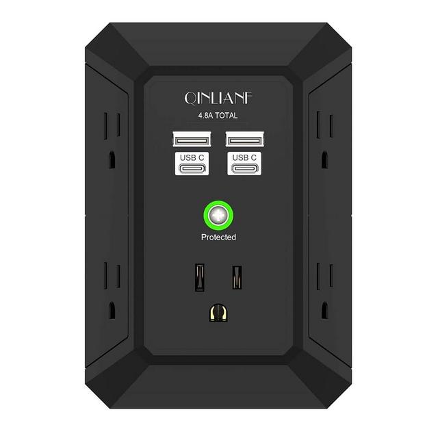 USB Wall Charger, Surge Protector, QINLIANF 5 Outlet Extender with 4 USB Charging Ports (4.8A Total) 3-Sided 1680J Power Strip Multi Plug Outlets Wall Adapter Spaced for Home Travel Office(2U2C),Black